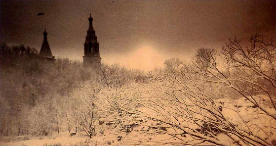 Зимний пейзаж. Черно-белый отпечаток тонирован в коричневый цвет.